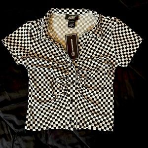 Just Polly New York blk/white checkered button collared crop top Size medium